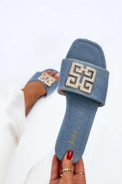 Best Boto Klapki Damskie Jeansowe Na Płaskim Obcasie Z Ozdobą Niebieskie Inaile