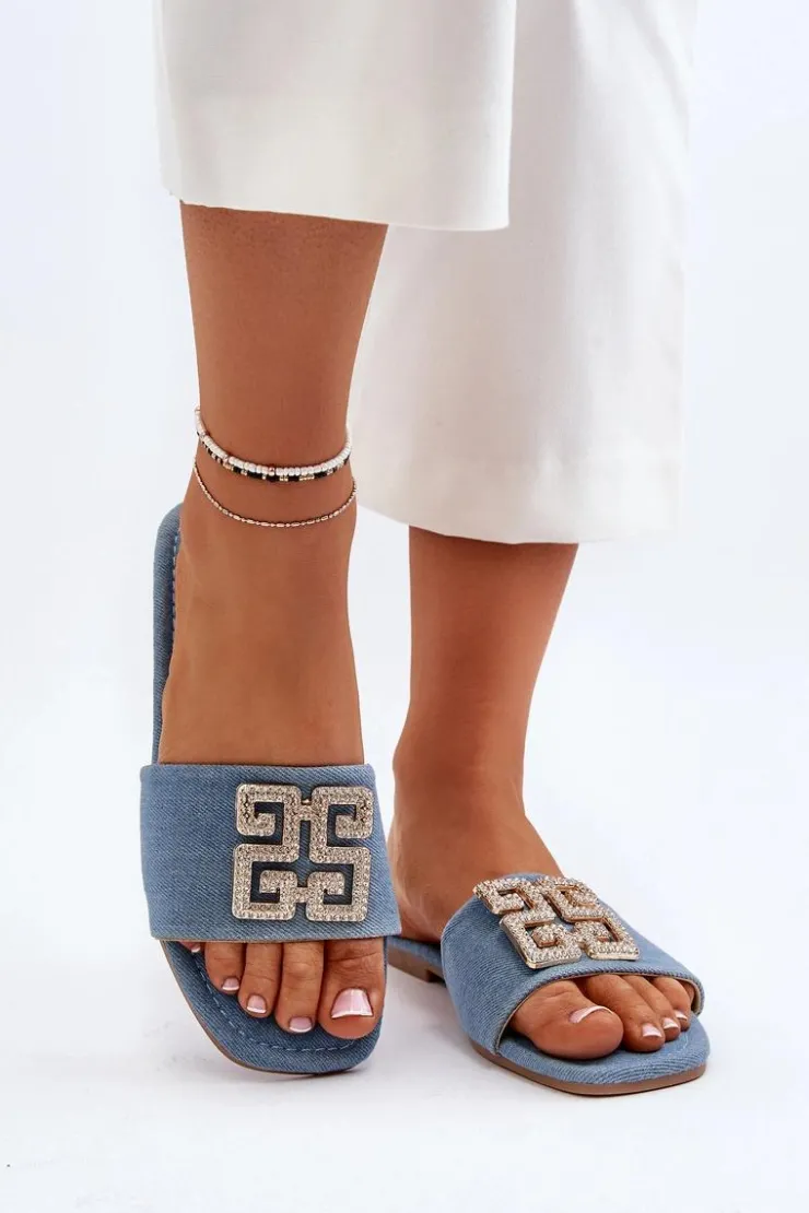 Best Boto Klapki Damskie Jeansowe Na Płaskim Obcasie Z Ozdobą Niebieskie Inaile