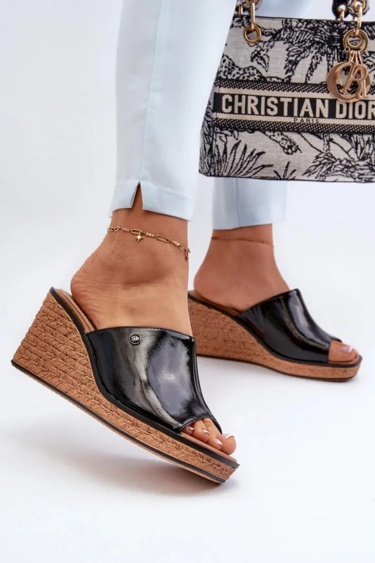 New Buty Sergio Leone Klapki Damskie Lakierowane Na Koturnie Sergio Leone KL213 Czarne