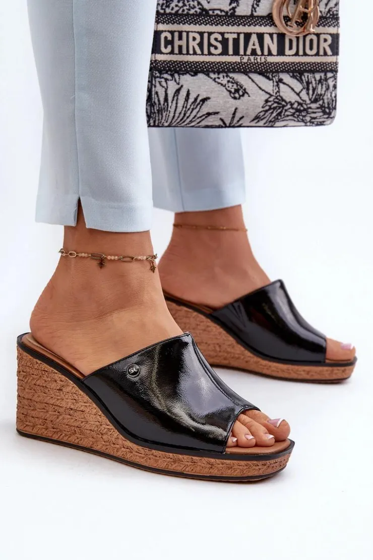 New Buty Sergio Leone Klapki Damskie Lakierowane Na Koturnie Sergio Leone KL213 Czarne