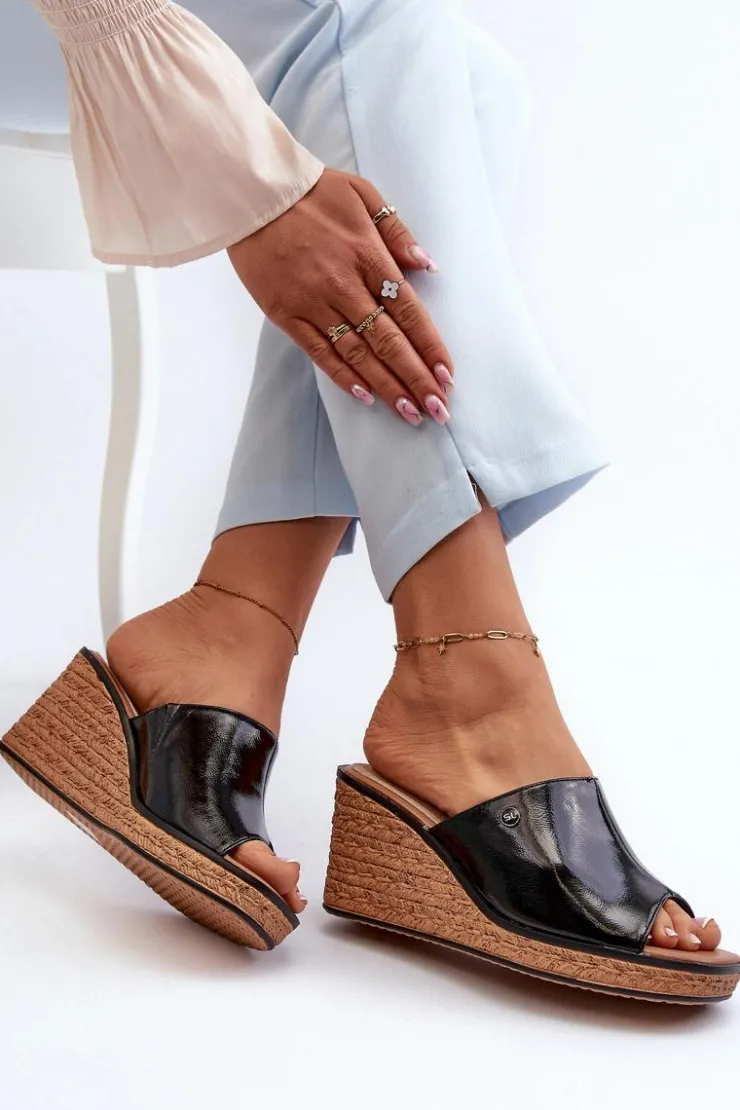 New Buty Sergio Leone Klapki Damskie Lakierowane Na Koturnie Sergio Leone KL213 Czarne