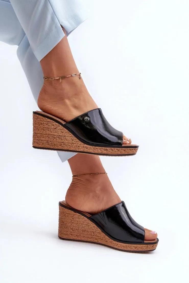 New Buty Sergio Leone Klapki Damskie Lakierowane Na Koturnie Sergio Leone KL213 Czarne