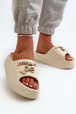 Boto Klapki Basenowe|Klapki Na Platformie*Klapki Damskie Lekkie Piankowe Z Ozdobami Beżowe Orchia