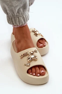 Boto Klapki Basenowe|Klapki Na Platformie*Klapki Damskie Lekkie Piankowe Z Ozdobami Beżowe Orchia