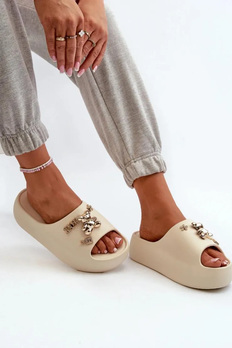 Boto Klapki Basenowe|Klapki Na Platformie*Klapki Damskie Lekkie Piankowe Z Ozdobami Beżowe Orchia