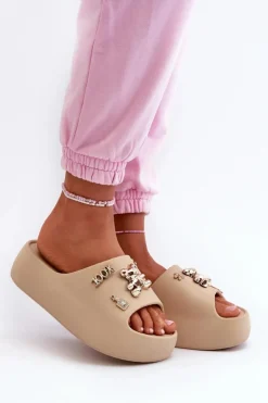 Hot Boto Klapki Damskie Lekkie Piankowe Z Ozdobami Ciemnobeżowe Orchia