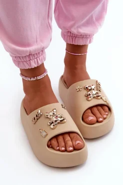 Hot Boto Klapki Damskie Lekkie Piankowe Z Ozdobami Ciemnobeżowe Orchia