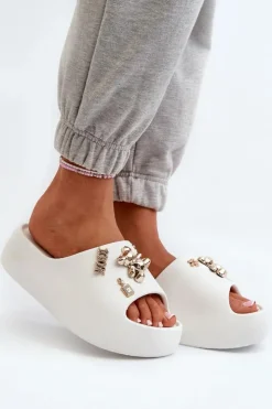 Boto Klapki Basenowe|Klapki Na Platformie*Klapki Damskie Lekkie Piankowe Z Ozdobami Białe Orchia Biały