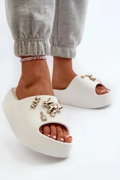 Boto Klapki Basenowe|Klapki Na Platformie*Klapki Damskie Lekkie Piankowe Z Ozdobami Białe Orchia Biały