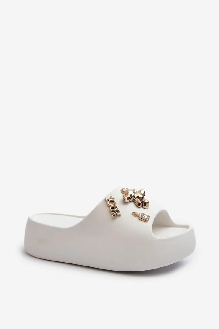 Boto Klapki Basenowe|Klapki Na Platformie*Klapki Damskie Lekkie Piankowe Z Ozdobami Białe Orchia Biały