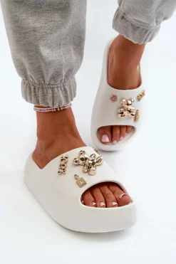 Boto Klapki Basenowe|Klapki Na Platformie*Klapki Damskie Lekkie Piankowe Z Ozdobami Białe Orchia Biały