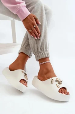 Boto Klapki Basenowe|Klapki Na Platformie*Klapki Damskie Lekkie Piankowe Z Ozdobami Białe Orchia Biały