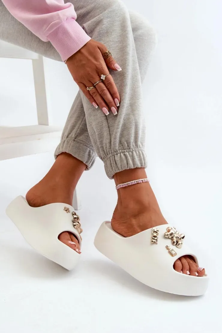 Boto Klapki Basenowe|Klapki Na Platformie*Klapki Damskie Lekkie Piankowe Z Ozdobami Białe Orchia Biały