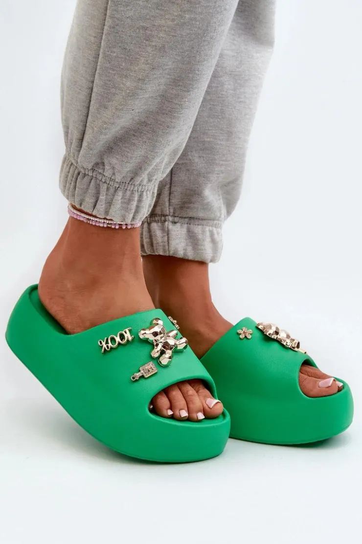 Boto Klapki Basenowe|Klapki Na Platformie*Klapki Damskie Lekkie Piankowe Z Ozdobami Zielone Orchia Zielony