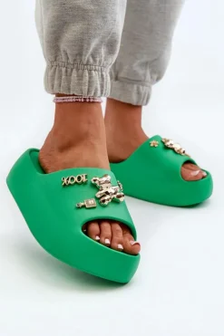 Boto Klapki Basenowe|Klapki Na Platformie*Klapki Damskie Lekkie Piankowe Z Ozdobami Zielone Orchia Zielony