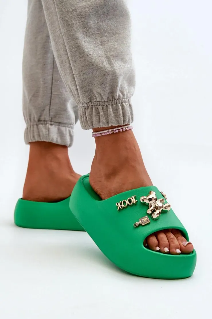 Boto Klapki Basenowe|Klapki Na Platformie*Klapki Damskie Lekkie Piankowe Z Ozdobami Zielone Orchia Zielony