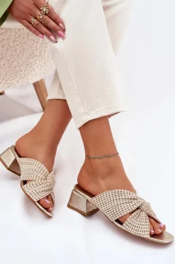 Maciejka Klapki Damskie Na Klocku 06955-25 Beżowo-Złote Beżowy