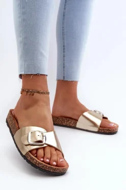 Online Boto Klapki Damskie Na Korkowej Platformie Z Klamrą Złote Moaxi