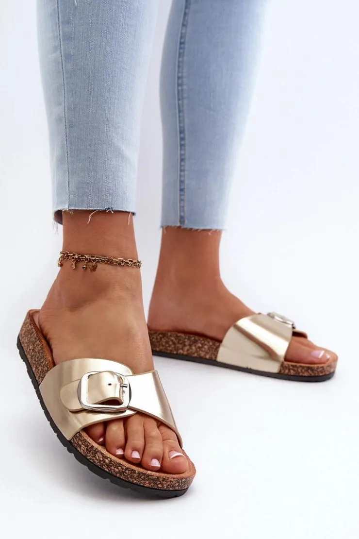 Online Boto Klapki Damskie Na Korkowej Platformie Z Klamrą Złote Moaxi