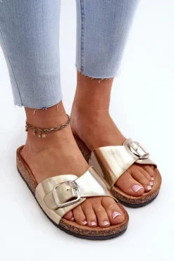 Online Boto Klapki Damskie Na Korkowej Platformie Z Klamrą Złote Moaxi