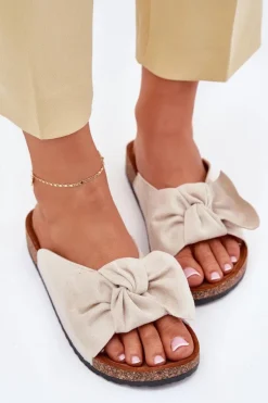 Damskie Boto Klapki Damskie Na Korkowej Podeszwie Kokardką Beżowe Seressa