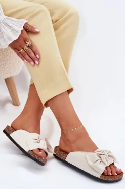 Damskie Boto Klapki Damskie Na Korkowej Podeszwie Kokardką Beżowe Seressa