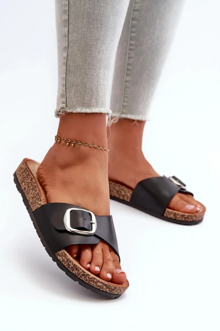 Damskie Boto Klapki Damskie Na Korkowej Platformie Z Klamrą Czarne Moaxi