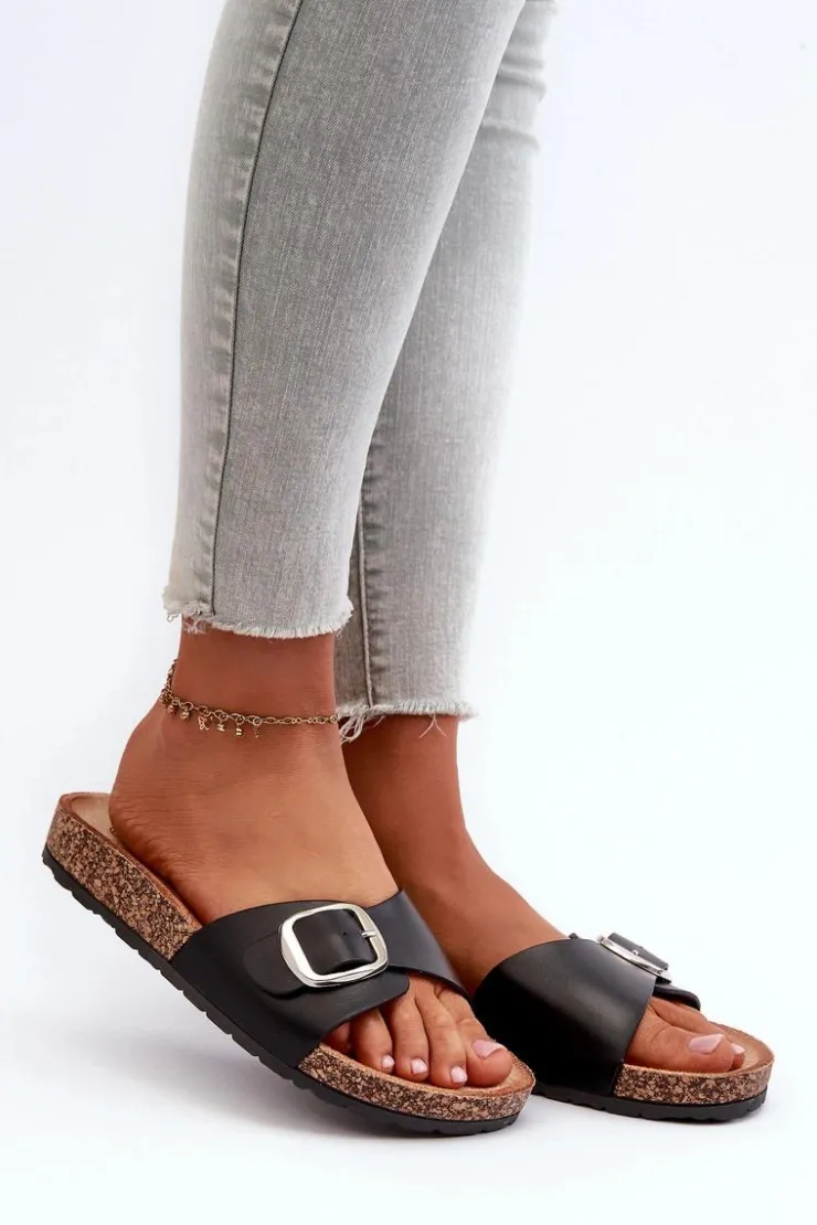 Damskie Boto Klapki Damskie Na Korkowej Platformie Z Klamrą Czarne Moaxi