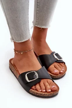 Damskie Boto Klapki Damskie Na Korkowej Platformie Z Klamrą Czarne Moaxi