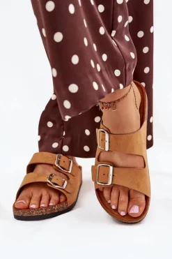 Sale Boto Klapki Damskie Na Korkowej Platformie Z Klamrami Camel Livara Brązowy