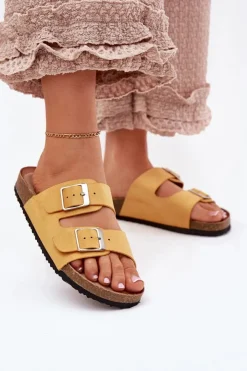 Damskie Boto Klapki Damskie Na Korkowej Platformie Klamry Żółte Evisolla