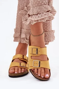 Damskie Boto Klapki Damskie Na Korkowej Platformie Klamry Żółte Evisolla