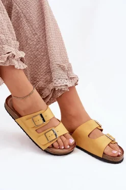 Damskie Boto Klapki Damskie Na Korkowej Platformie Klamry Żółte Evisolla