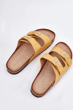 Damskie Boto Klapki Damskie Na Korkowej Platformie Klamry Żółte Evisolla