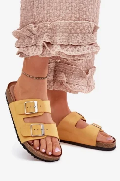 Damskie Boto Klapki Damskie Na Korkowej Platformie Klamry Żółte Evisolla