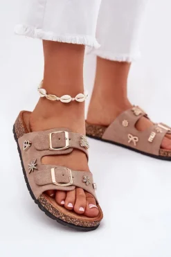 Discount Boto Klapki Damskie Na Korkowej Podeszwie Z Klamrami I Przypinkami Khaki Efadelis