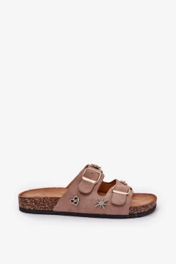 Discount Boto Klapki Damskie Na Korkowej Podeszwie Z Klamrami I Przypinkami Khaki Efadelis