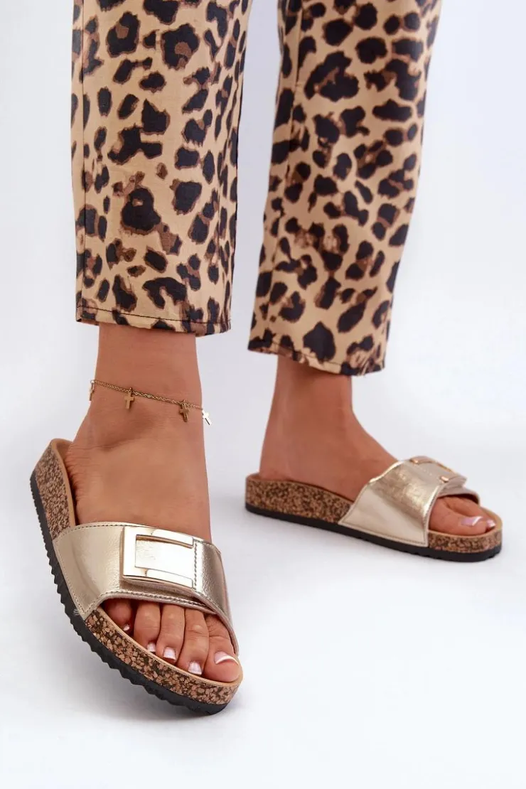 New Boto Klapki Damskie Na Korkowej Platformie Z Ozdobą Złote Elleriome