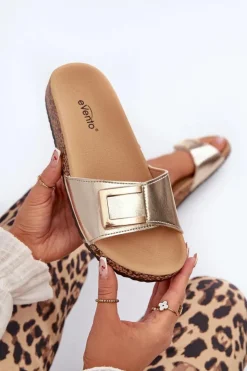 New Boto Klapki Damskie Na Korkowej Platformie Z Ozdobą Złote Elleriome