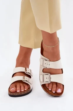 Discount Boto Klapki Damskie Na Korkowej Platformie Z Klamrami Beżowe Livara