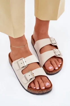 Discount Boto Klapki Damskie Na Korkowej Platformie Z Klamrami Beżowe Livara