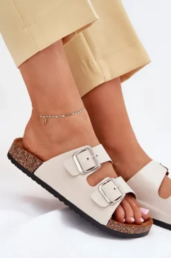 Discount Boto Klapki Damskie Na Korkowej Platformie Z Klamrami Beżowe Livara