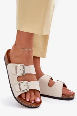 Discount Boto Klapki Damskie Na Korkowej Platformie Z Klamrami Beżowe Livara