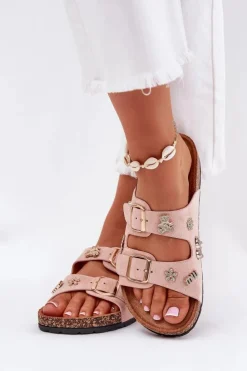 New Boto Klapki Damskie Na Korkowej Podeszwie Z Klamrami I Przypinkami Jasnoróżowe Efadelis Różowy