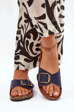 Damskie Boto Klapki Damskie Na Korkowej Platformie Z Klamrą Granatowe Vianara