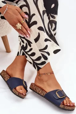 Damskie Boto Klapki Damskie Na Korkowej Platformie Z Klamrą Granatowe Vianara