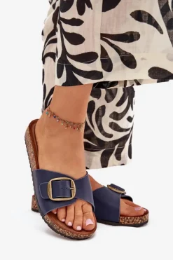 Damskie Boto Klapki Damskie Na Korkowej Platformie Z Klamrą Granatowe Vianara