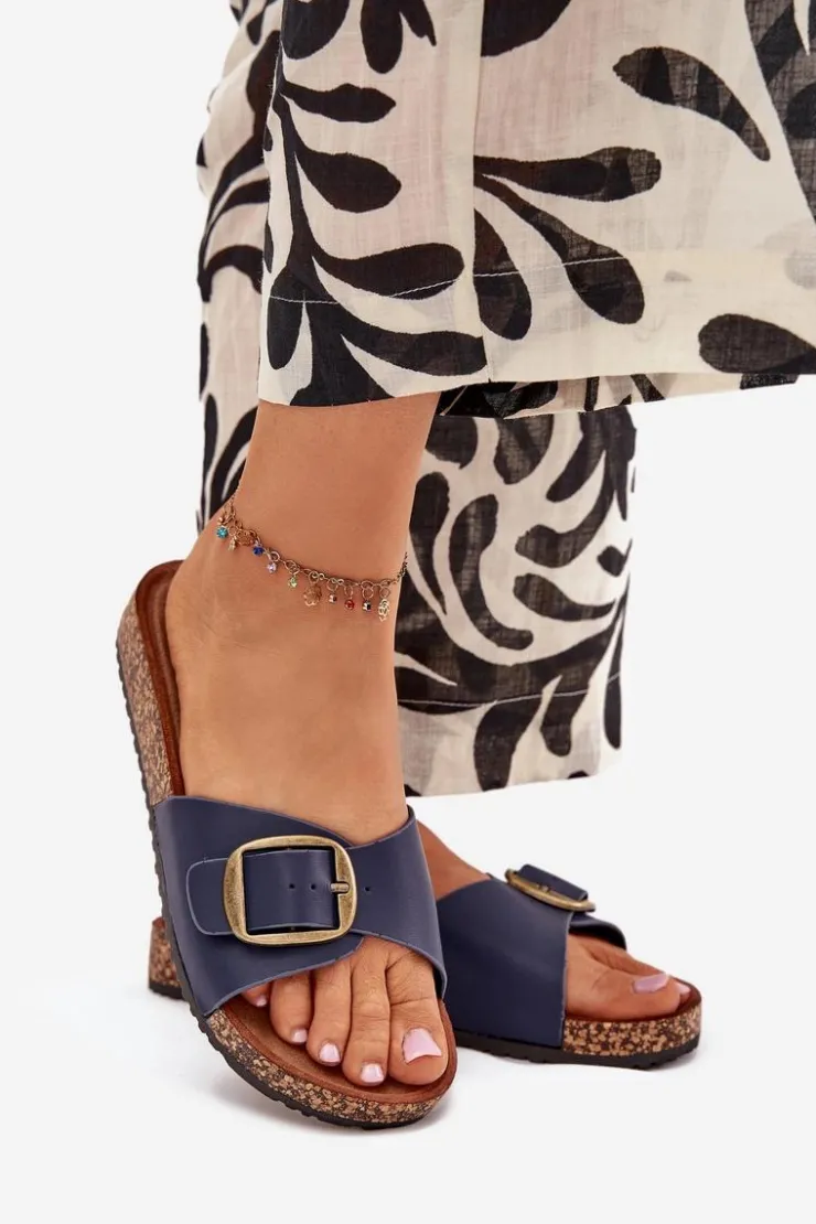 Damskie Boto Klapki Damskie Na Korkowej Platformie Z Klamrą Granatowe Vianara