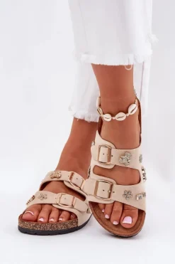 Damskie Boto Klapki Damskie Na Korkowej Podeszwie Z Klamrami I Przypinkami Beżowe Efadelis