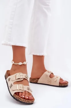 Damskie Boto Klapki Damskie Na Korkowej Podeszwie Z Klamrami I Przypinkami Beżowe Efadelis